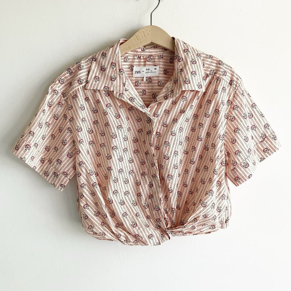Zara Girls Size 9-10 Striped Floral Print Blouse Collar Button Twist Cropped Top